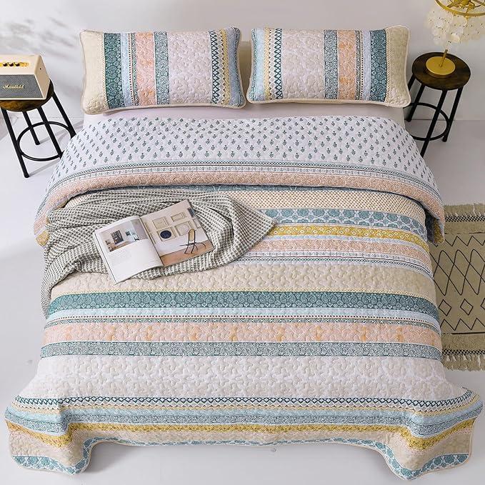WONGS BEDDING Boho Quilt Set Twin Size, Yellow Bohemian 2 Pieces Fall Quilt Sets, Blue Lightweight Bedspread Coverlet Bedding Set for All Season (68"x86")
