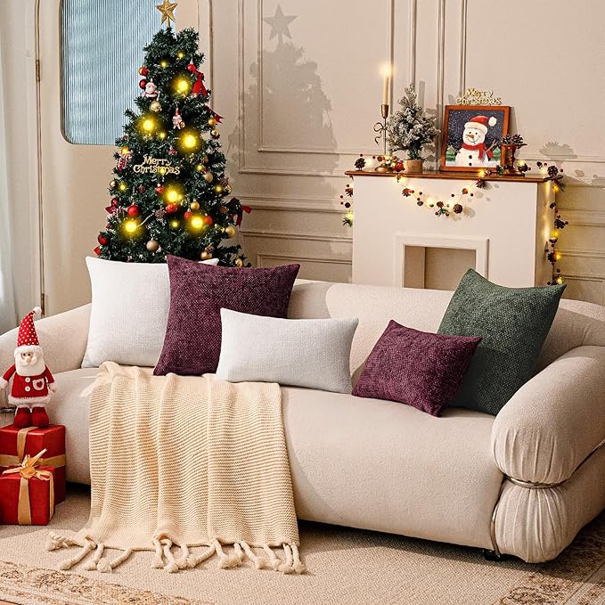 a moment Christmas Wine Red Chenille Throw Pillow Covers 18x18 Inch Pack of 2 Modern Decorative Throw Pillow Covers Farmhouse Cross Covers Home Decor for Sofa Bedroom Living Room