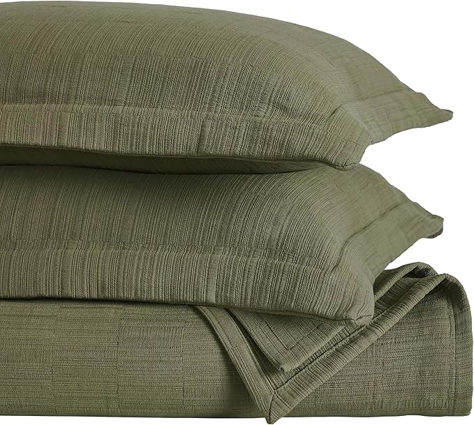 Superior 3 Piece Cotton Bedspread and Sham Set, Home Bed Decor, Decorative Bed Spread, 2 Pillow Shams, Medium Weight, Matelasse Coverlet, Bedding Essentials, Zenith Collection, Full, Olive Green