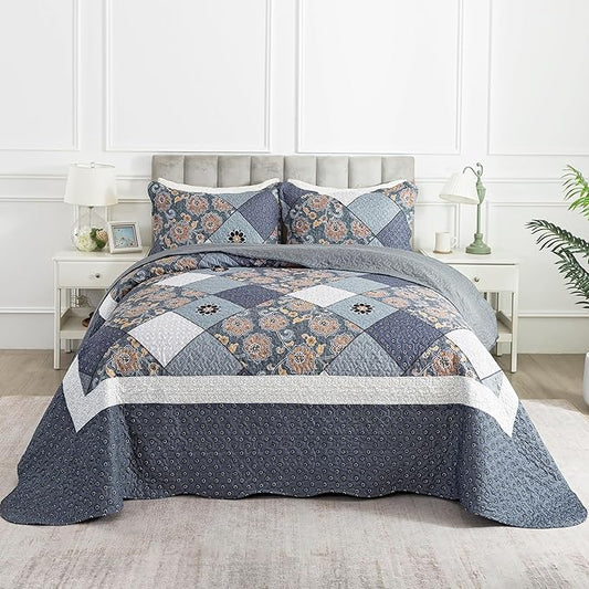 HoneiLife King Quilt Bedding Sets - 3 Piece Microfiber Quilt Set Rustic Bedspread Set Patchwork Coverlet Set for King Bed