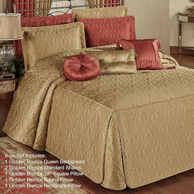 Cambridge Classic Luxury Bedding | Golden Bronze Solid Color Polyester Satin | Elaborate Damask Quilting | 6 Pc Bed Set Includes Oversized Queen Bedspread, 2 Standard Shams, and 3 Decorative Pillows