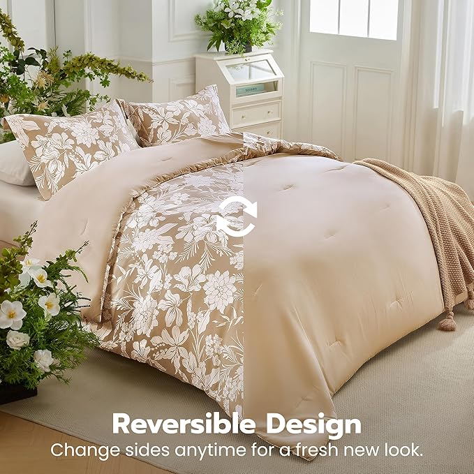 Joiedomi King Size Comforter Set Beige, 3 Pieces Floral King Bedding Set with 1 Soft Reversible Botanical Flower Comforter and 2 Pillow Shams, Bed in a Bag for All Seasons