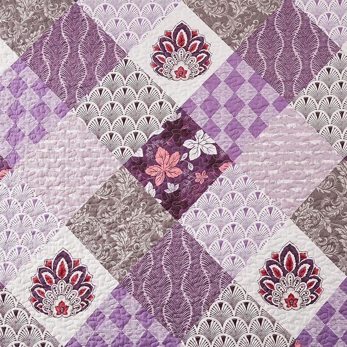 King Size Quilt Set 3 Pieces Lightweight Reversible Bedspread-98''x106'' Soft Patchwork Floral Coverlet Luxurious Warm Microfiber Bed Cover All Seasons Purple Bedding Set(1 Quilt,2 Pillow Shams)