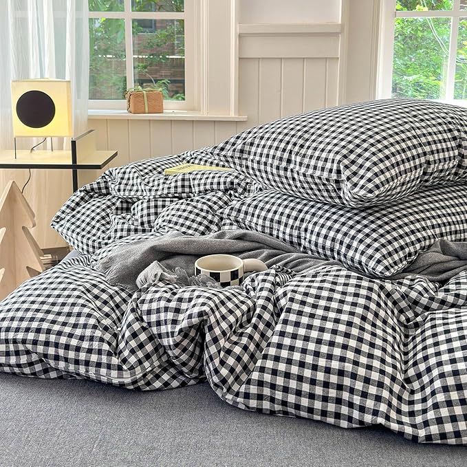 LifeTB Twin XL Comforter Set Black Gingham Comforter for Men Boys Geometric Plaid Comforter Set Grid Checkered Pattern Comforter with 2 Pillowcases Fluffy Soft Plaid Gingham Bedding Set Twin XL