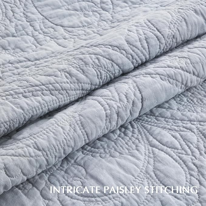 EVERGRACE 100% Cotton Paisley Quilt Set, King Size 3 Piece Set – Prewashed Lightweight Bedspread with 2 Shams, Soft & Breathable Matelasse Coverlet for All-Season Comfort, Pearl Blue