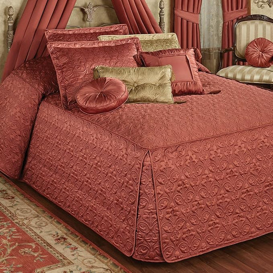 Cambridge Classic Luxury Bedding | Warm Cinnabar Solid Color Polyester Satin | Elaborate Damask Quilting | 6 Pc Bed Set Includes Oversized Full Bedspread, 2 Standard Shams, and 3 Decorative Pillows