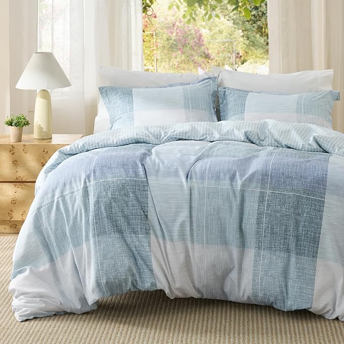 Bedsure Duvet Cover Queen Size - Gingham Reversible Buffalo Plaid Duvet Cover Set with Zipper Closure, 3 Pieces Blue Bedding Set with 8 Corner Ties and 2 Pillow Shams 20"x26"