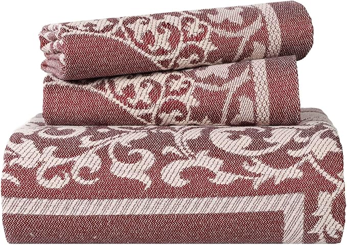 Superior Cotton Blend Bedspread Set, Includes Oversized Bedspread and 2 Matching Pillow Shams, Light Weight Blanket, Bedding Decor, Jacquard Vintage Floral Mandala, Lyron Collection - King, Berry Red