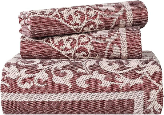 Superior Cotton Blend Bedspread Set, Includes Oversized Bedspread and 2 Matching Pillow Shams, Light Weight Blanket, Bedding Decor, Jacquard Vintage Floral Mandala, Lyron Collection - Twin, Berry Red