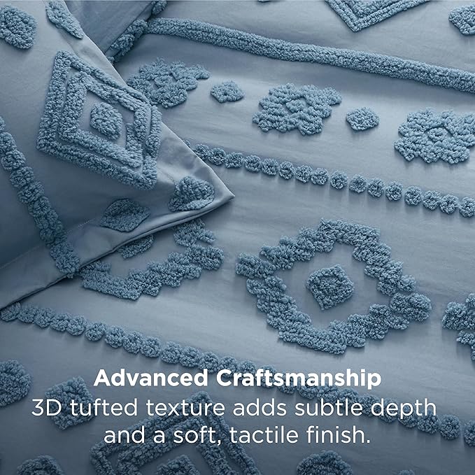 Bedsure Boho Tufted Blue Comforter Set Queen Size, GentleSoft™ 3 Pieces Boho Farmhouse Decor Bedding, Exquisite Shabby Chic Bedding for All Seasons, 1 Bed Comforter, 2 Pillow Shams, 90x90 Inches