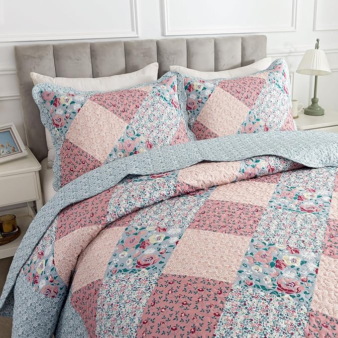 Travan 3-Piece Bedspread Quilt Set Lightweight Coverlet Set Garden Style Floral Printed Oversized Quilted Bedding Set with Shams for All Season, Exquisite, King Size