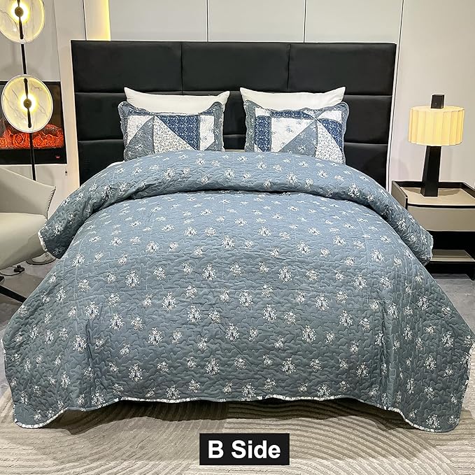 Patchwork Quilt Set King Size Quilted Bedspread Coverlet Set 3-Piece Grey Lightweight Comforter Floral Reversible Stitched Quilt Bedding Set Bed Cover Blanket with 2 Pillow Shams for All Season