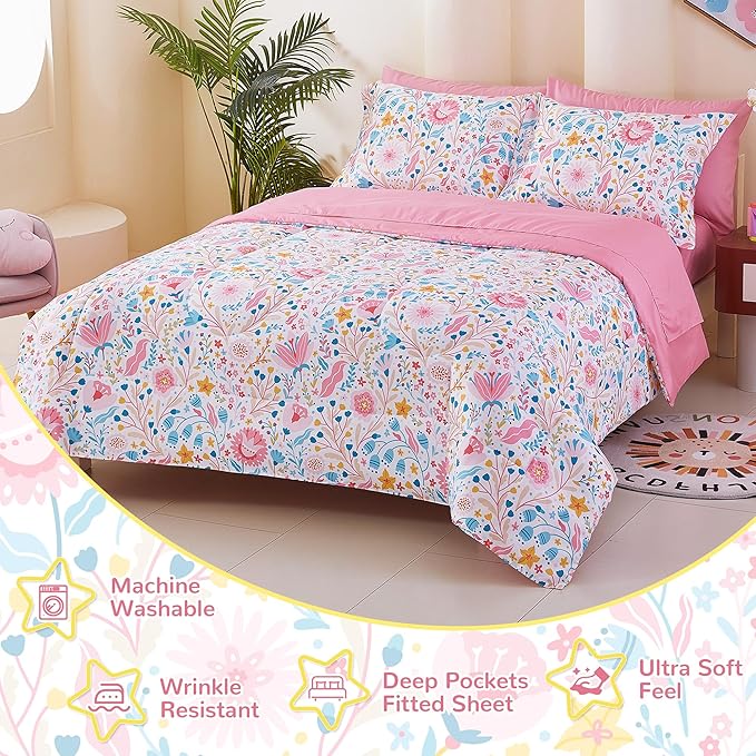 Viviland Kids Full Bedding Sets for Girls, Soft Full Comforter Set with Sheets, 7 Pieces Microfiber Bed in a Bag, Colourful Floral