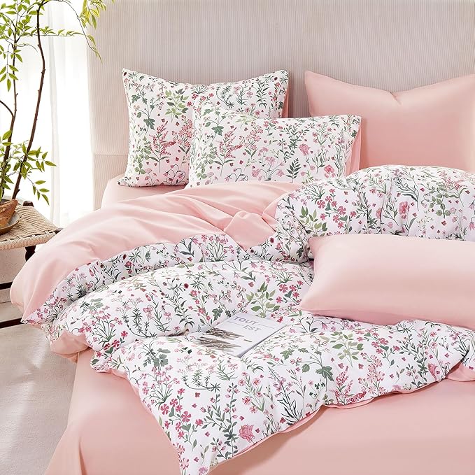 Wake In Cloud - Floral Duvet Cover Set, Shabby Chic Cottage Garden Botanical Flower Style with Elegant Wildflower Pattern, Soft Lightweight Bedding, 3 Pieces, Pink White, Full Size