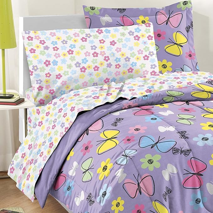 Dream Factory Sweet Butterfly Ultra Soft Microfiber Girls Comforter Set, Purple, Twin