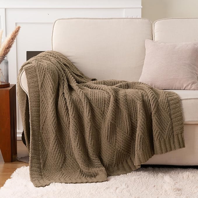 Battilo Khaki Diamond Knit Throw Blanket for Couch and Bed, Soft Textured Chenille Blanket, Cozy Lightweight Decorative Blanket for Sofa, 50"x60"
