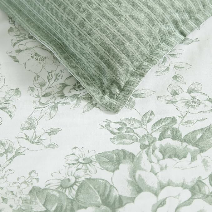Laura Ashley - Twin Comforter Set, Premium Cotton Bedding with Matching Shams & Bonus Decorative Pillow Covers, Floral Home Decor, Oeko-Tex Certified (Toile Delight Green, Twin)