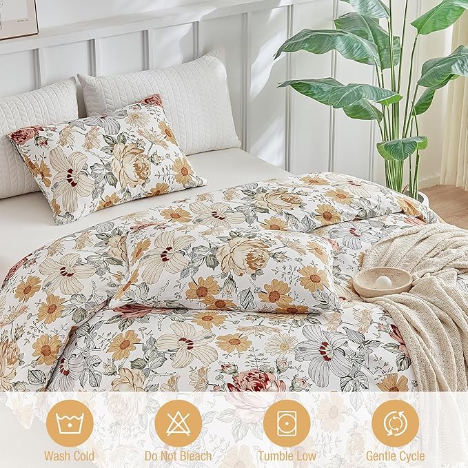 Lekesky Queen Duvet Cover Set, Reversible Vintage Flowers Print Comforter Cover Queen Size 3pc, Soft 100% Washed Microfiber Breathable Bedding Sets with Zipper Ties and 2 Pillowcases