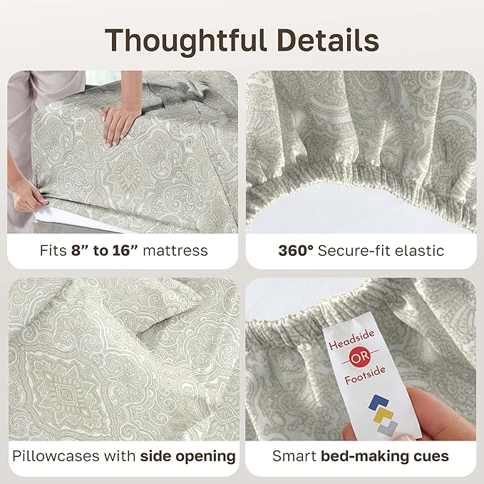 California Design Den California King Sheet Sets - 400 Thread Count Sateen, Natural 100% Cotton Sheets Set, Deep Pocket and Durable Bedding - Paisley Pattern, Beige