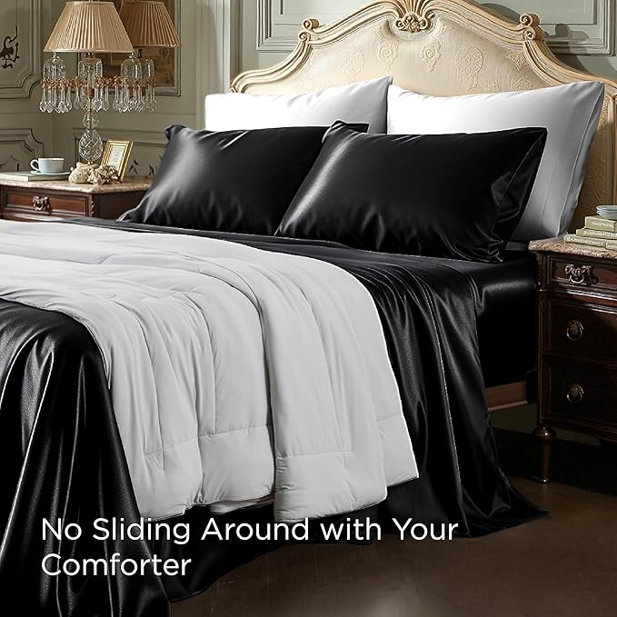 Bedsure Black Satin Sheets Full Size - 4 Piece Silky Bedsheets with 15 Inches Deep Pocket Fitted Bedsheet,1 Flat Sheet, 2 Satin Pillowcases, Good for Hair & Skin (Full, Black)