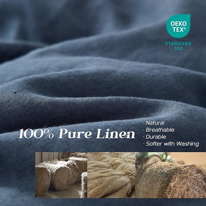 Simple&Opulence 100% Linen Duvet Cover Set, 3 PCS Classic Blue Duvet Cover Queen Size, Breathable Soft Comfy Linen Bedding Comforter Cover with 2 Pillowcases(Classic Blue, 88"x92")