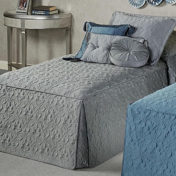 Cambridge Classic Luxury Bedding | Neutral Warm Gray Solid Color Polyester Satin | Elaborate Damask Quilting | 5 Pc Set: Twin Bedspread, Standard Sham, & 3 Decorative Pillows | Also Fits Twin XL Beds