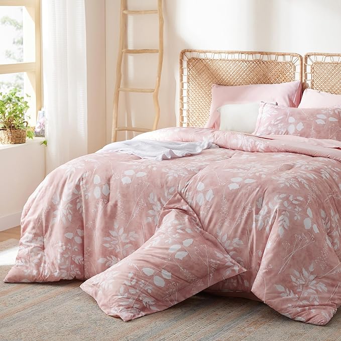 Bedsure Queen Comforter Set - 7 Pieces Floral Pink Soft Bedding Sets, Queen Bed in a Bag with Botanical Flowers Comforter, Sheets, Pillowcases & Shams