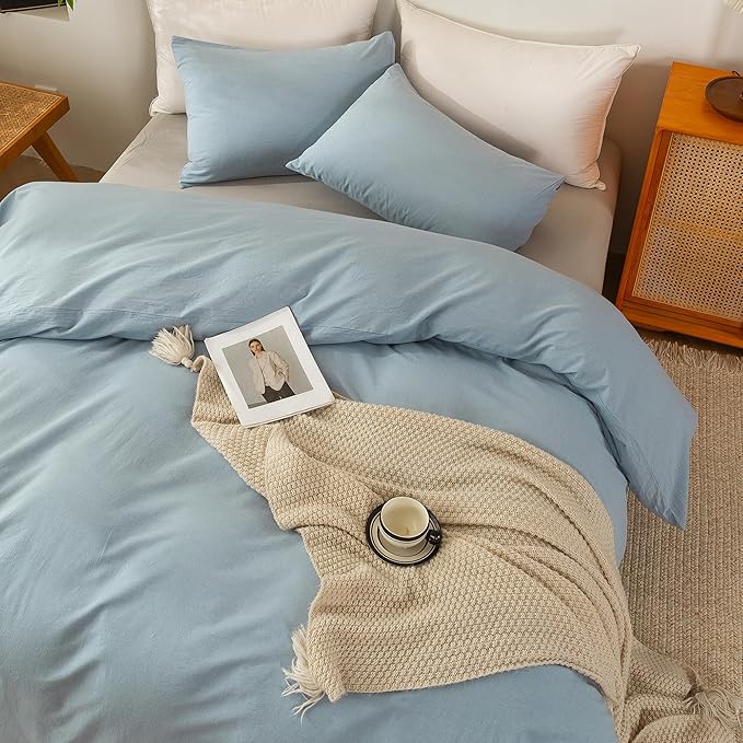 ECOCOTT Light Blue Duvet Cover Full Size - 100% Washed Cotton Durable Soft Comfy Duvet Cover Set, 3 Pieces Duvet Cover with Zipper Closure (80''x90'')