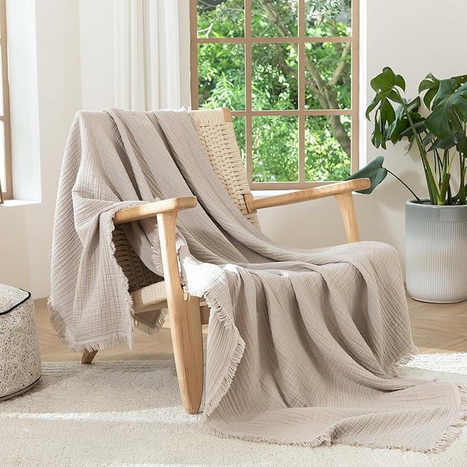MooMee Muslin Blanket - 100% Cotton 4-Layer Gauze Throw Blanket with All-Around Fringe, Ultra-Soft Breathable Lightweight Cooling Decorative for Bed, Sofa & Couch (Cream Grey, Queen 90" x 90")