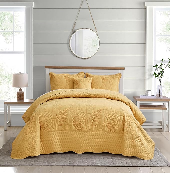 Botanical Bedspread Full Size - Leaves Pattern Stitching Quilt Set - Elegant & Fresh Style Bedding Coverlets, Reversible, Lightweight, 5 Piece, Honey Gold