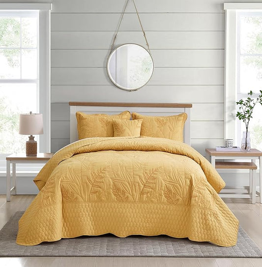Botanical Bedspread Full Size - Leaves Pattern Stitching Quilt Set - Elegant & Fresh Style Bedding Coverlets, Reversible, Lightweight, 5 Piece, Honey Gold