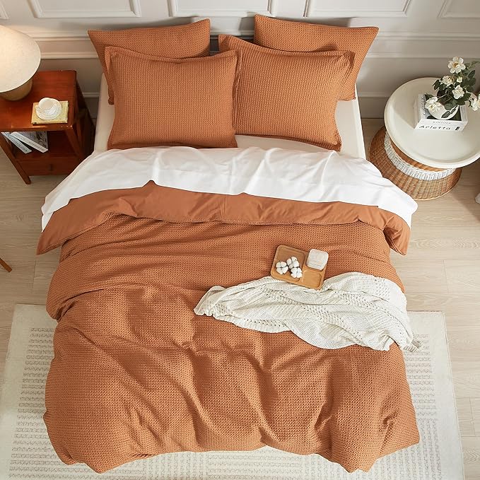 SE SOFTEXLY Waffle Duvet Cover Queen, 100% Cotton Waffle Weave Bedding Duvet Cover Set, Soft and Breathable Comforter Cover for All Season, 3 Pieces Including Pillow Shams（Terra Cotta, 90”x90”）