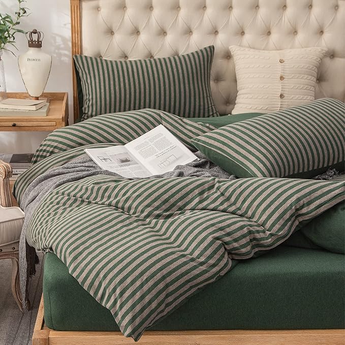 PURE ERA Jersey Knit Duvet Cover Set 100% T-Shirt Heather Cotton Super Soft Comfy Classic Striped Design, with Zipper Closure, Forest Green Stripe, Full