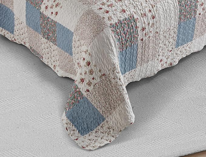 Brilliant Sunshine Pink Rose with Small Blue Check Patchwork, 3-Piece Quilt Set with 2 Shams, Reversible Bedspread, Soft Lightweight Coverlet, All-Season, Full/Queen, Pink Blue