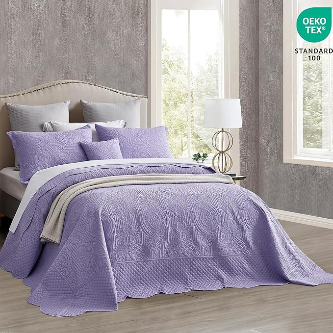 HZ & HY Oversized King Bedspread 138x122 Extra Wide, Ultrasonic Coverlet Bedding Set, Lightweight Thin Comforter, Reversible, 5 Piece, California/Alaskan King, Purple Lavender