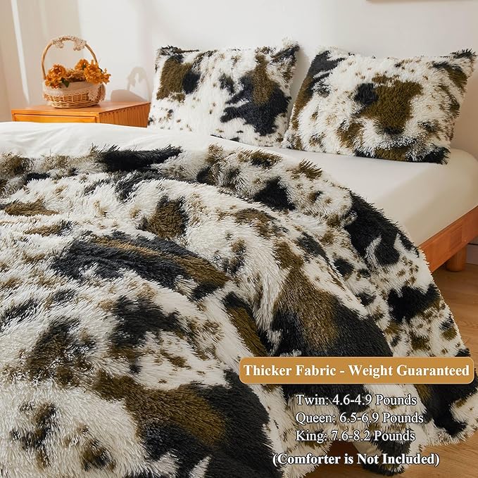 XeGe Cow Print Fluffy Faux Fur Duvet Cover Set, 3 Pieces Soft Plush Shaggy Fuzzy Bedding Set(1 Faux Fur Animal Print Comforter Cover + 2 Furry Pillow Cases), Zipper Closure(King, Cow Print Brown)