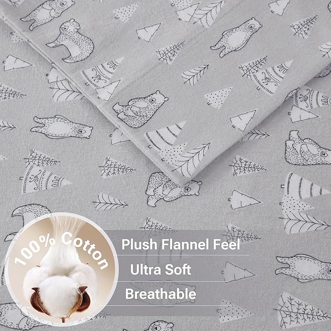 True North by Sleep Philosophy Cozy Flannel Warm 100% Cotton Sheet - Novelty Print Animals Stars Cute Ultra Soft Cold Weather Bedding Set, Twin XL, Bear 3 Piece