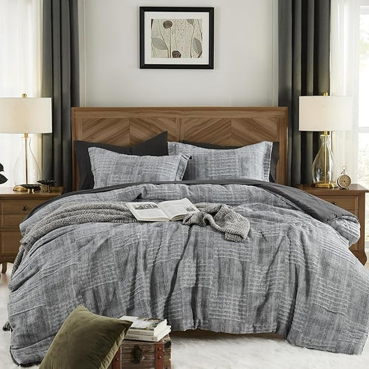 MaiRêve Charcoal Grey King Comforter Set, Textured Design Grey Crinkle Bed in A Bag King Size, 7 Pieces Bedding Set for Men Women with Comforter, Sheets, Pillowcases & Shams 102"x 90"