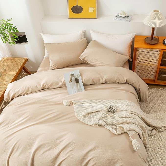 ECOCOTT Duvet Cover Queen Size, 100% Washed Cotton 1 Duvet Cover with Zipper and 2 Pillowcases, Ultra Soft and Easy Care Breathable Cozy Simple Style Bedding Set(Queen, Khaki)