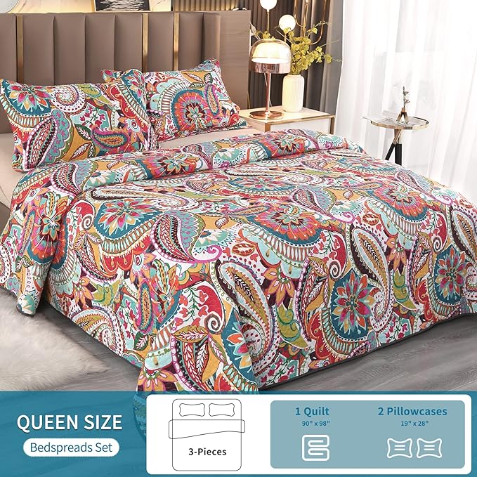 Qucover Cotton Quilt Set, Queen Size, Multicolor Paisley, Boho Style, Soft Lightweight Coverlet with 2 Pillow Shams, 90x98 Inches