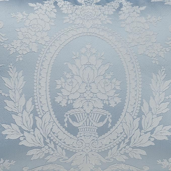 Contessa Luxury Bedding | Iced Platinum and Pastel Powder Blue | Puff Jacquard-Woven Traditional Floral Bouquet and Swag Motifs | 4 Piece Set includes Cal King Comforter, Bedskirt, and 2 King Shams