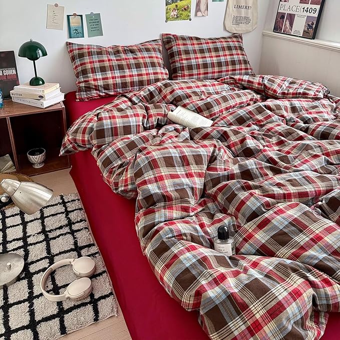 mixinni Vintage Red & Brown Buffalo Plaid Duvet Cover Set Queen Size - 3 Piece Washed Cotton Bedding Set with Classic Checkered Pattern, Cozy Farmhouse Duvet Cover with Pillowcases for All Seasons