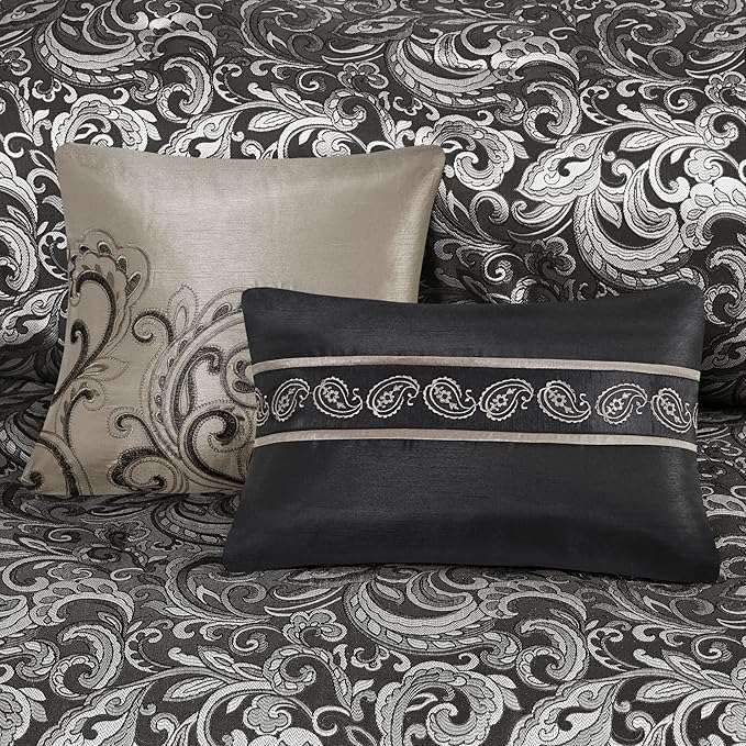 Madison Park Essentials Brystol 24 Piece Room in a Bag Faux Silk Comforter Jacquard Paisley Design Matching Curtains Down Alternative All Season Bedding-Set, Black 24 Piece, King(104 in x 92 in)