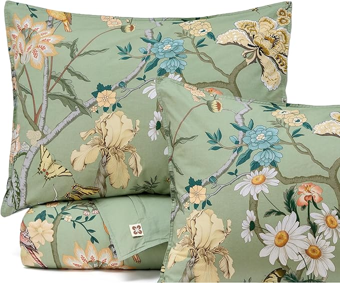 Bedsure 100% Cotton Reversible Floral Duvet Cover King Size - Flowers and Birds Pattern Printed Comforter Cover with Zipper Closure & 2 Pillow Shams, Comforter Sold Separately (Green Garden, 104"x90")