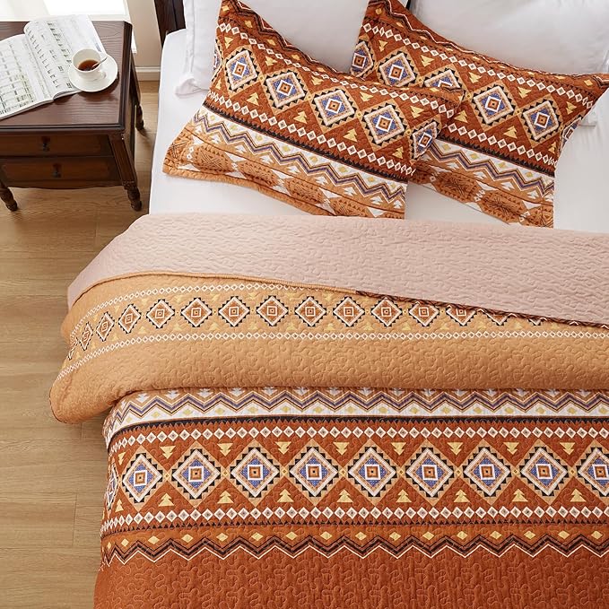 LEAONME 2 Pieces Twin Size Quilt Set Burnt Orange Rust Bohemian Bedspread Coverlet Lightweight Microfiber Bedding Set 68x86 Inch Bed Cover for All Seasons (1 Quilt, 1 Pillow Sham)