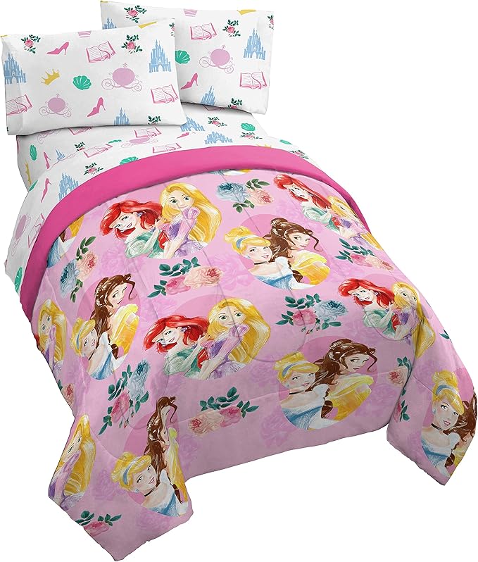 Jay Franco Disney Princess Sassy 4 Piece Twin Bed Set - Includes Comforter & Sheet Set - Super Soft Fade Resistant Polyester - (Official Disney Product)