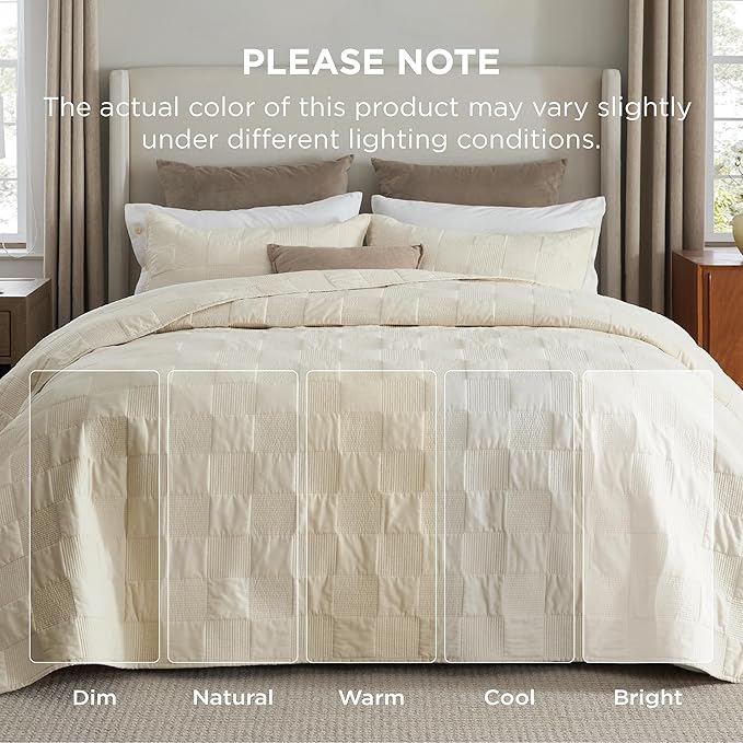 Bedsure 100% Cotton Quilt Set - Lightweight Queen Bedspread, Cozy Beige Bedding Coverlet 3-Piece with Pillow Shams in Checker Pattern for All Season, 90x96 inches, 100% Cotton Voile