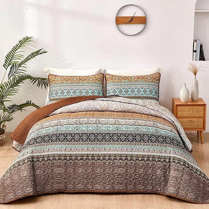 WONGS BEDDING Boho Fall Quilt Set California King, Brown Bohemian Striped Pattern Printed Quilt Coverlet, Lightweight Microfiber Bed Decor Bedspread for All Season 106"x96"(3 Pieces, Cal King)