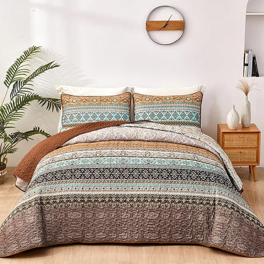 WONGS BEDDING Boho Fall Quilt Set California King, Brown Bohemian Striped Pattern Printed Quilt Coverlet, Lightweight Microfiber Bed Decor Bedspread for All Season 106"x96"(3 Pieces, Cal King)