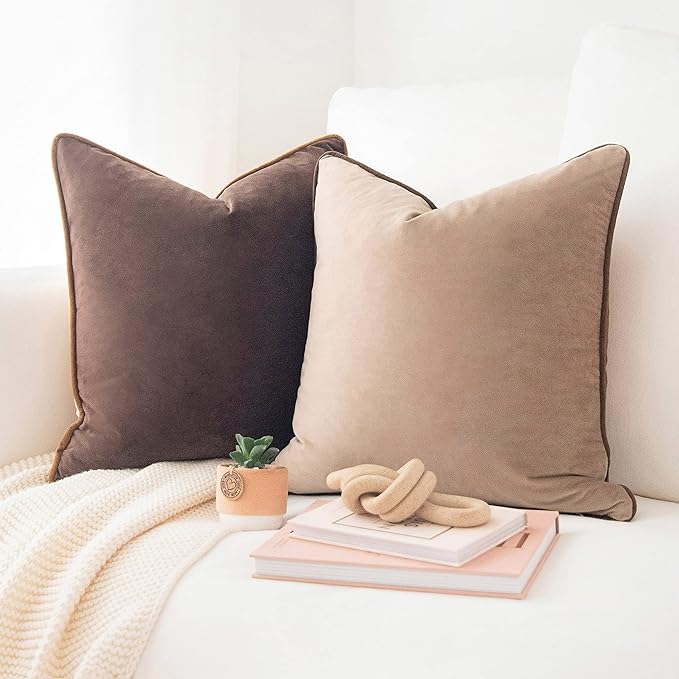 MONDAY MOOSE Decorative Throw Pillow Covers Cushion Cases, Set of 2 Soft Velvet Modern Double-Sided Designs, Mix and Match for Home Decor, Pillow Inserts Not Included (20x20 inch, Brown/Beige)